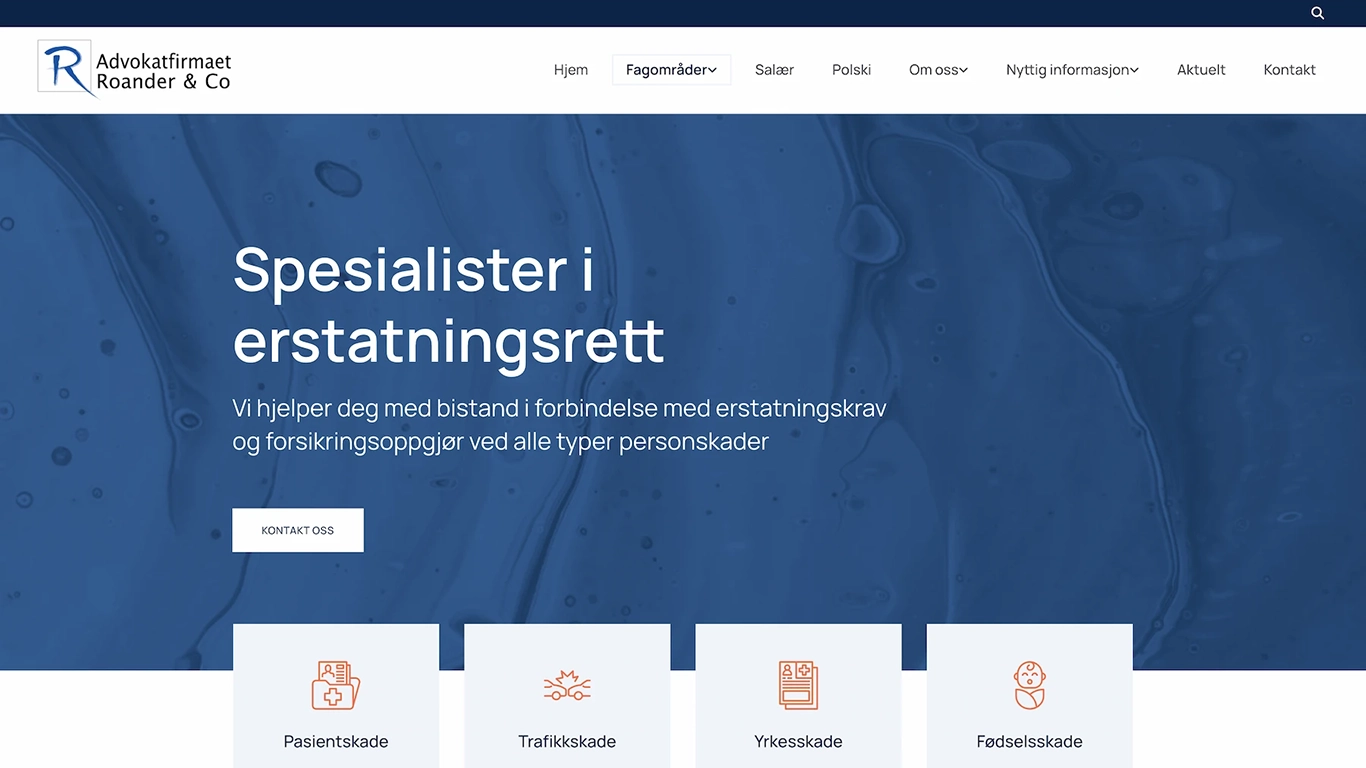 Advokatfirmaet Roander og Co har en blå, seriøs forside