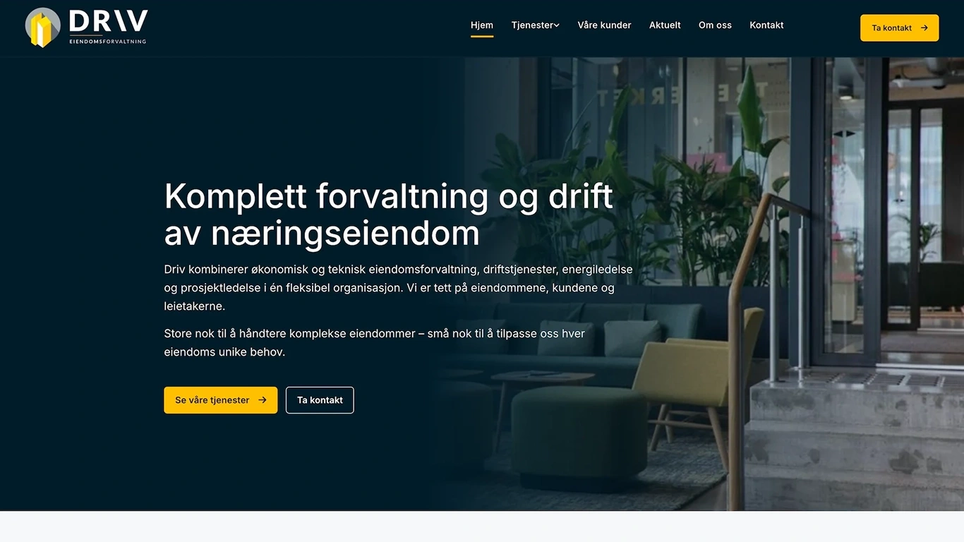 Driv Eiendomsforvaltning har en mørk, profesjonell forside