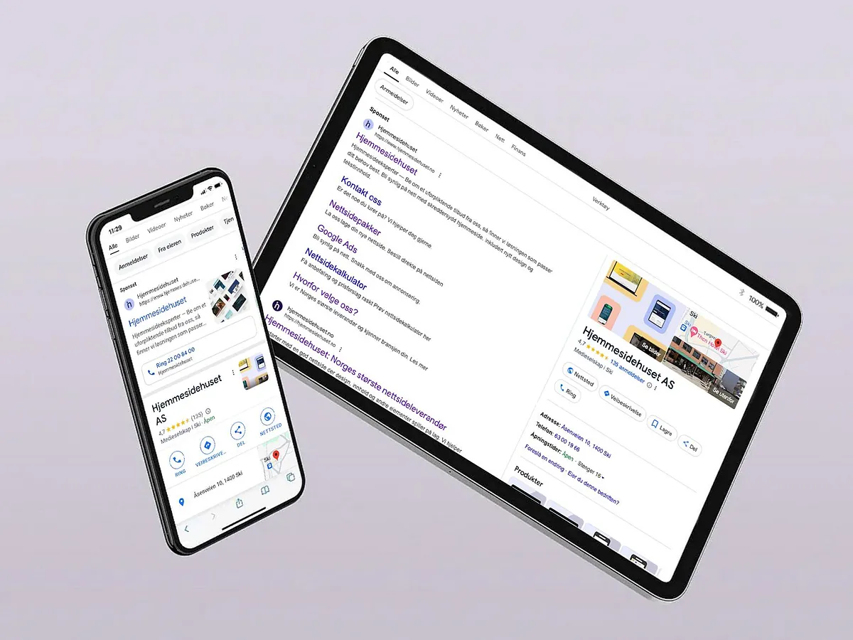 Mobiler og nettbrett med skjermbilde av Google Bedriftsprofil